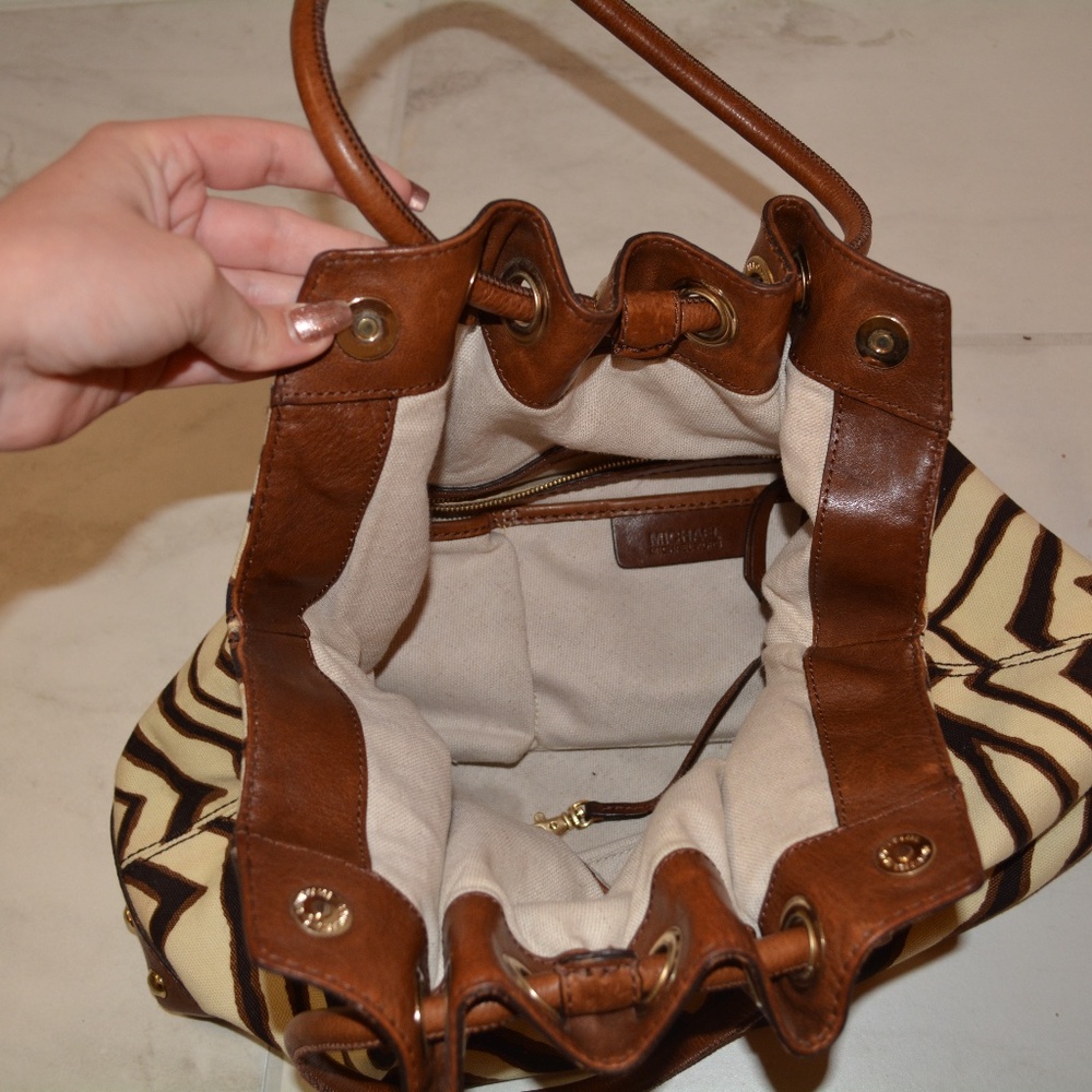 Michael Kors Zebra Stud Brown Leather Hobo Bag - Picture 4 of 8